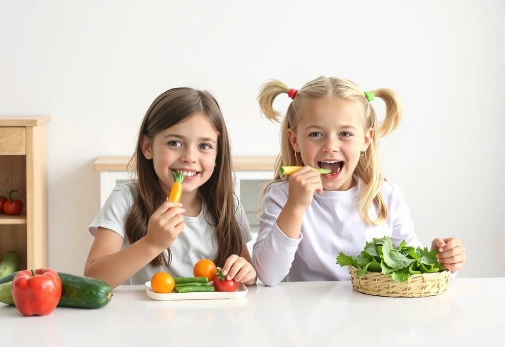 Bambini che mangiano verdura con gioia
