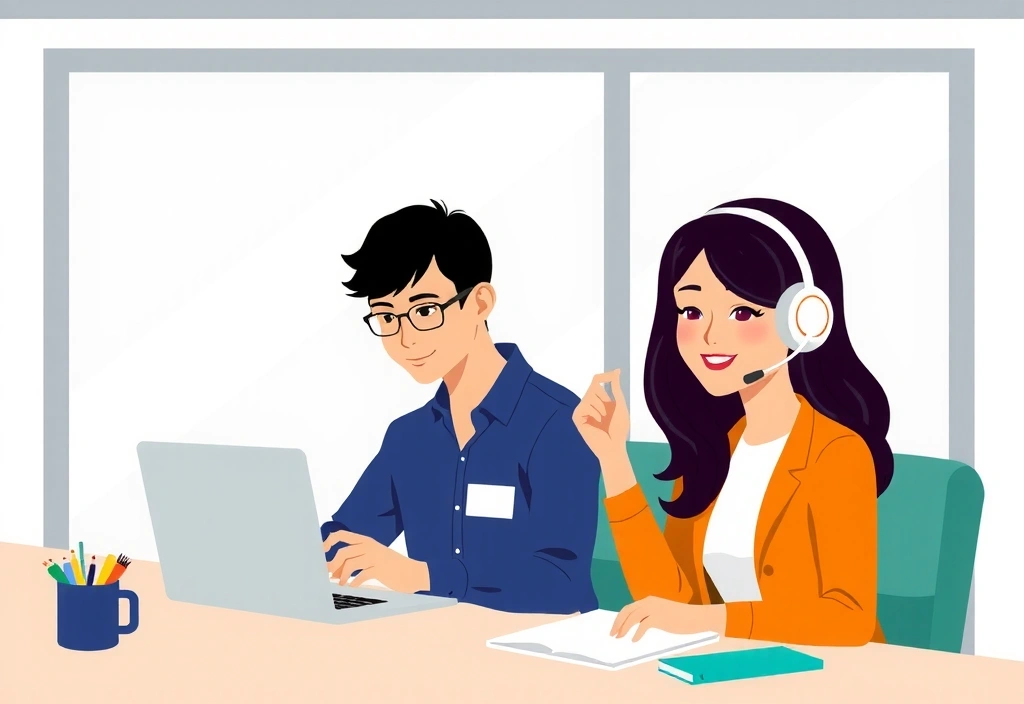 Illustrazione di un team di supporto clienti che risponde a domande in un ambiente amichevole