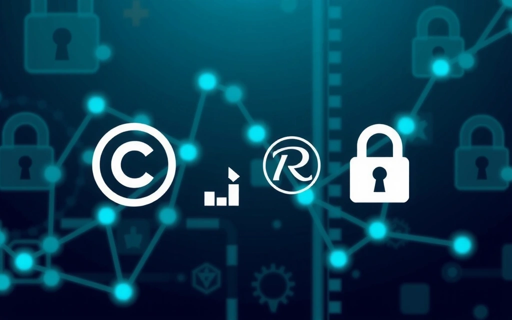 Icone di copyright e proprietà intellettuale su sfondo digitale